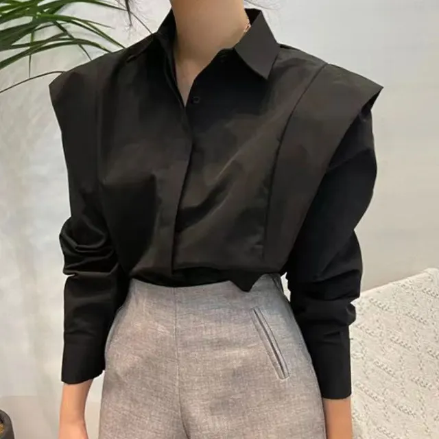 Retro Simple Lapel Hidden Hook Design Patchwork Ruffled Loose Long Sleeve Shirt Top Black - Shop at LoveMi
