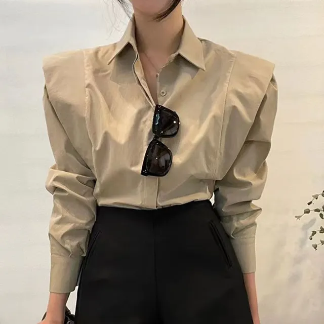 Retro Simple Lapel Hidden Hook Design Patchwork Ruffled Loose Long Sleeve Shirt Top Khaki - Shop at LoveMi
