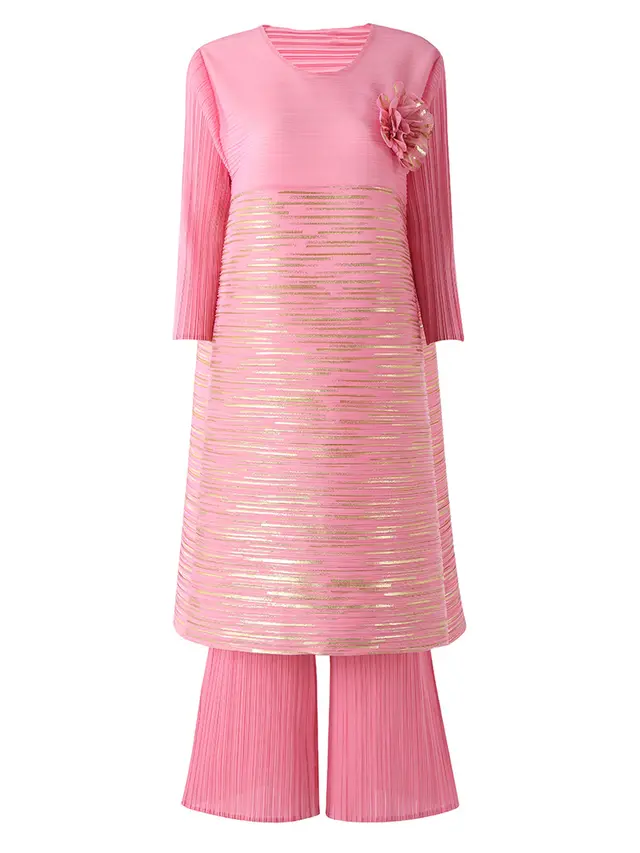 Bronzing Pleated Mid length Top High Waist Wide Leg Pants Two piece Set Pink - Shop at LoveMi