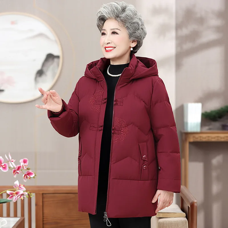 Middle-aged And Elderly Women's Dress White Duck Down Loose Warm Hooded Jacket - Purplish Red - View 1