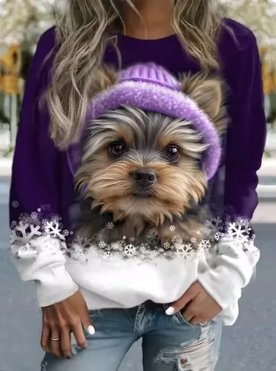 Spring 3D Cute Small Animal Print Pattern Round Neck Sweater Purple - Shop at LoveMi