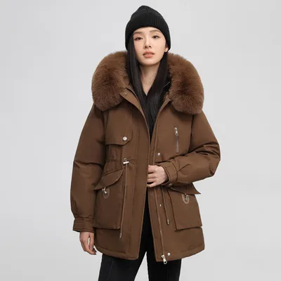 Cross border Fleece lined Thickened Parka Collar Slim Fit Slimming Cotton Coat Coffee - Shop at LoveMi