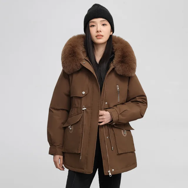 Cross border Fleece lined Thickened Parka Collar Slim Fit Slimming Cotton Coat Coffee - Shop at LoveMi
