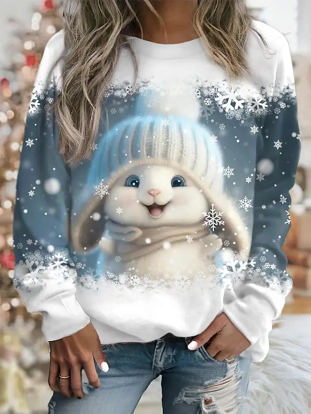 Women's Printed Rabbit Cute Round Neck Pullover Long Sleeve Sweater Gray And White - Shop at LoveMi