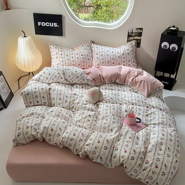 Washed Cotton Printed Four piece Bedding Set Full Of Love Green - Shop at LoveMi