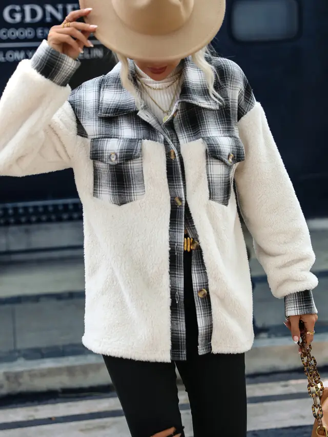 Long Sleeve Plaid Lapel Plush Coat White - Shop at LoveMi