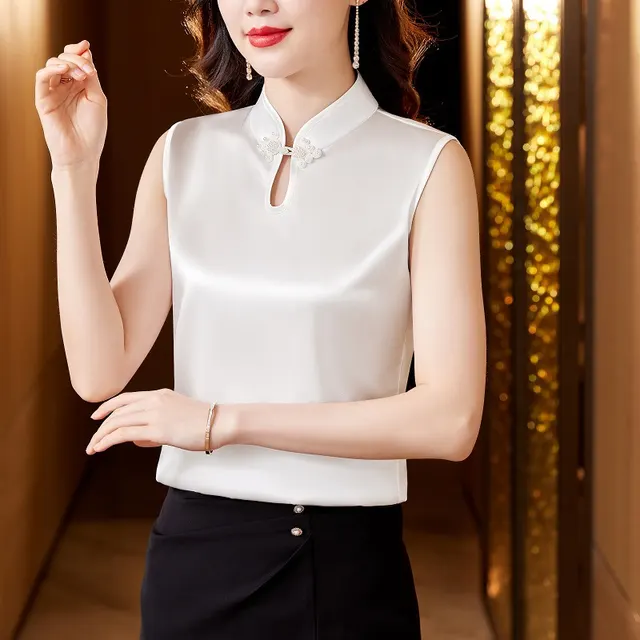Retro National Style Buckle Inner Wear Outer Wear Bottoming Shirt Top White - Shop at LoveMi