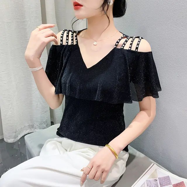 V neck Mesh Short Sleeve Chic Off the shoulder Drill Buckle Top T shirt Black - Shop at LoveMi