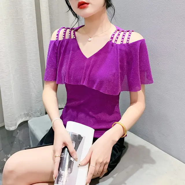 V neck Mesh Short Sleeve Chic Off the shoulder Drill Buckle Top T shirt Purple - Shop at LoveMi