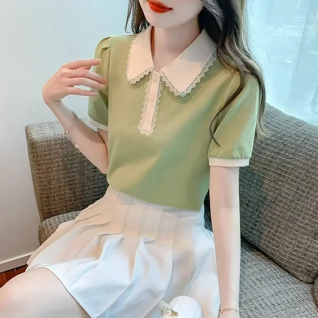 Polo Collar Short Sleeve T shirt Women Green - Shop at LoveMi