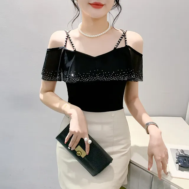 Mesh Hot Drilling V neck Patchwork Top Black - Shop at LoveMi