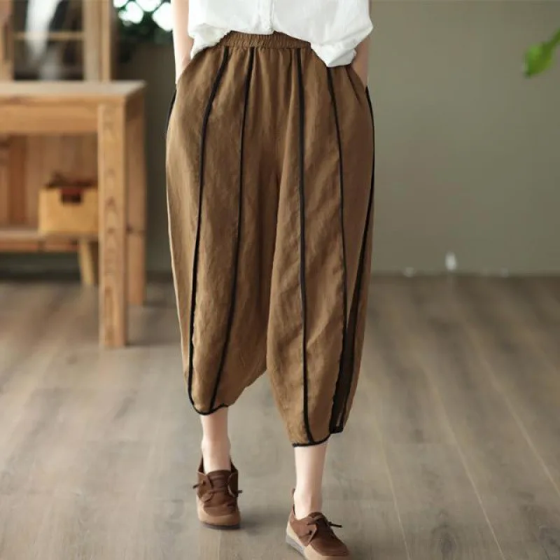 Summer Thin Striped Cotton And Linen Cropped Pants For Women - Khaki