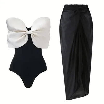 Black And White Tube Top Bow One piece Swimsuit Black - Shop at LoveMi