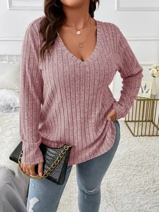 Top V-neck Long Sleeve Sunken Stripe Brushed Loose Pullover - Lotus Root Color