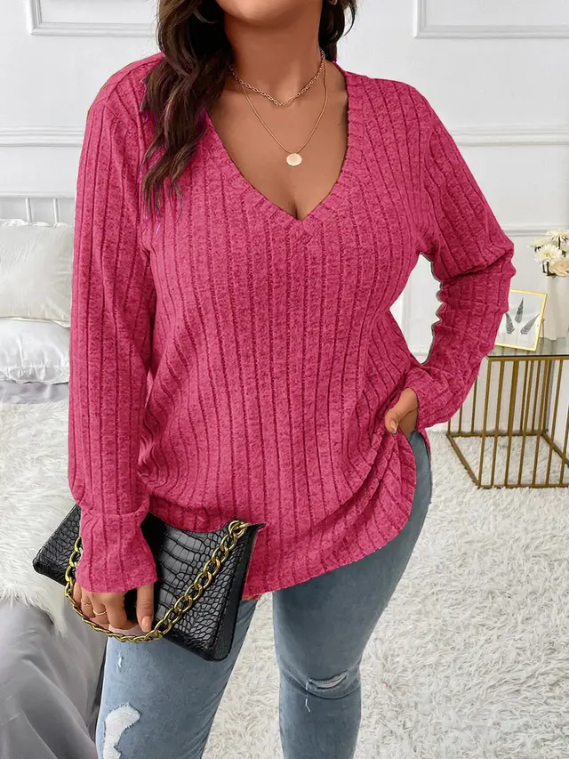 Top V neck Long Sleeve Sunken Stripe Brushed Loose Pullover Rose Red - Shop at LoveMi