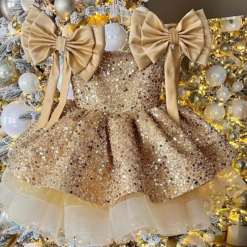 Girl's Princess Dress Red Tulle Tutu Skirt Sequined Bow Champagne - Shop at LoveMi