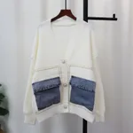 Denim Pocket Knitted Cardigan Loose Design Temperament Versatile Sweater Coat - White