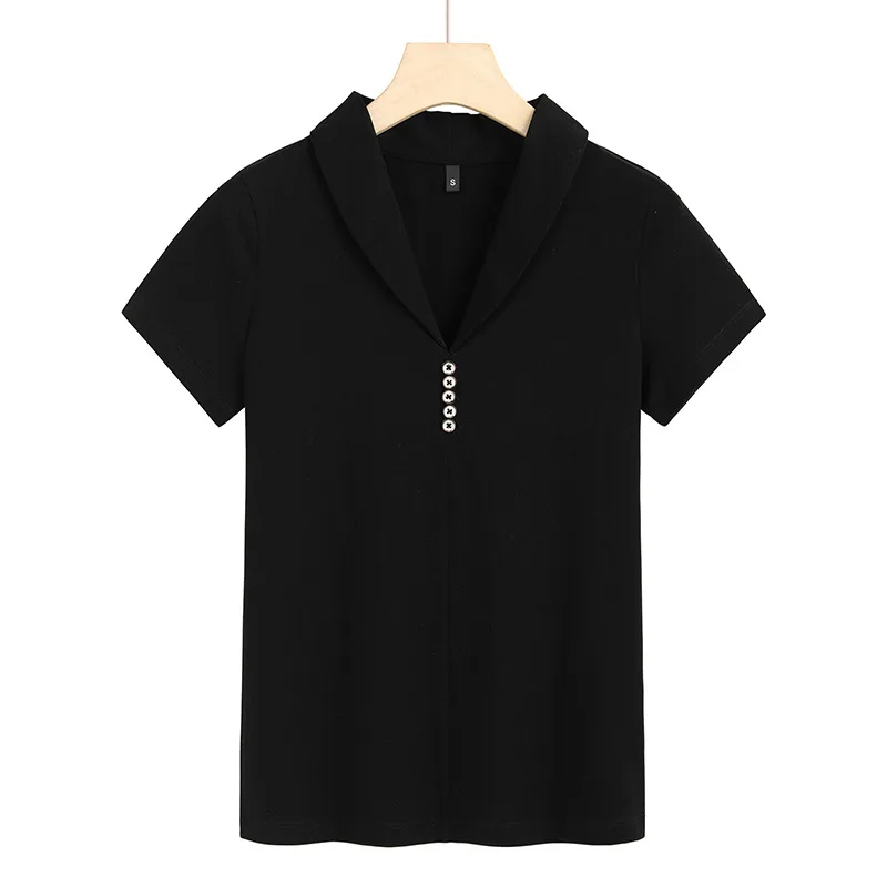 Slim-fit Split Solid Color And V-neck Button Short Sleeve - Black