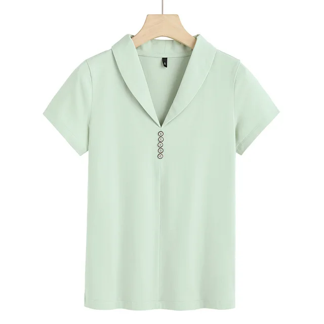 Slim fit Split Solid Color And V neck Button Short Sleeve Light Green - Shop at LoveMi