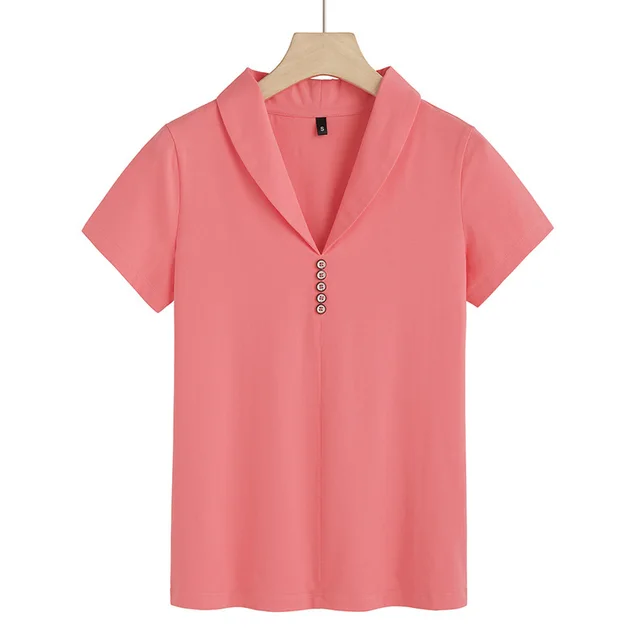 Slim fit Split Solid Color And V neck Button Short Sleeve Watermelon Red - Shop at LoveMi