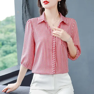 Striped Chiffon Shirt Women's Clothes Red - Shop at LoveMi