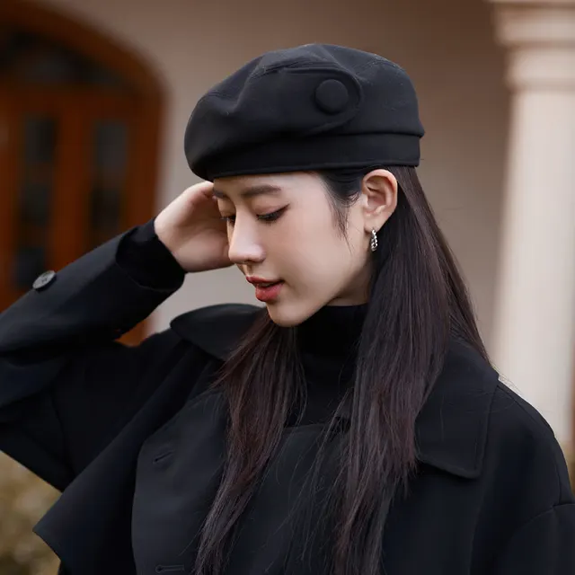 High grade Buttons Make Your Face Look Smaller In Autumn And Winter Beret Mm1132 Black - Shop at LoveMi