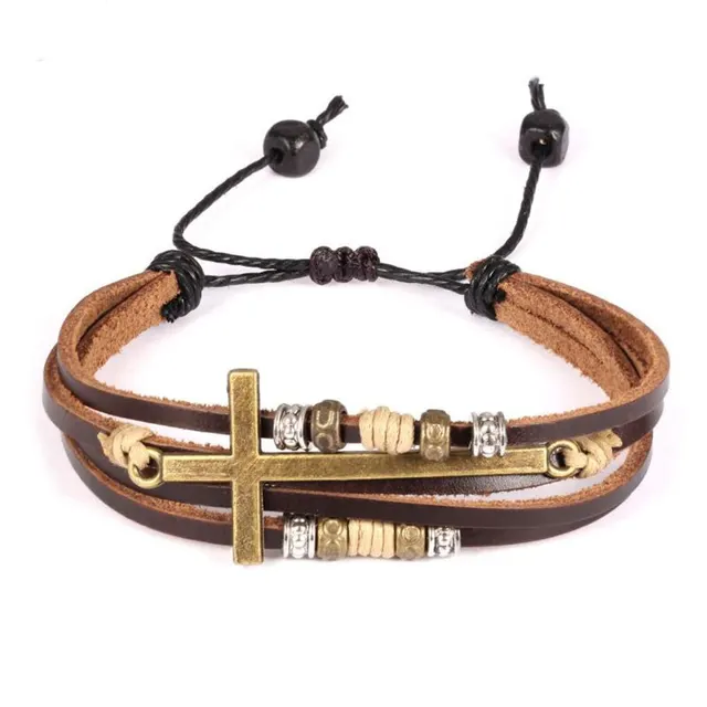 Multi layer Woven Black Wooden Bead Vintage Leather Bracelet Cross Leather Bracelet - Shop at LoveMi