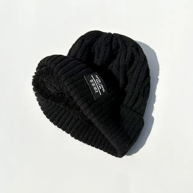 Woolen Cap Female Fleece Lined Padded Warm Keeping Knitted Hat Black - Shop at LoveMi