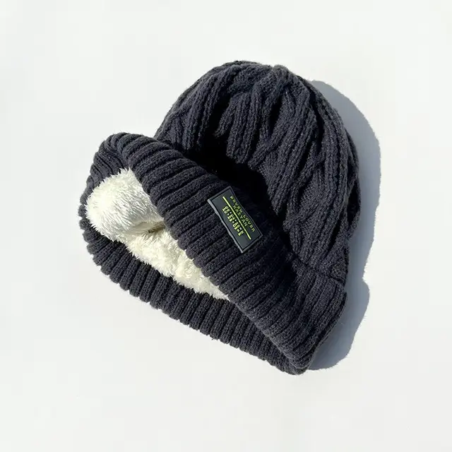 Woolen Cap Female Fleece Lined Padded Warm Keeping Knitted Hat Charcoal Gray - Shop at LoveMi