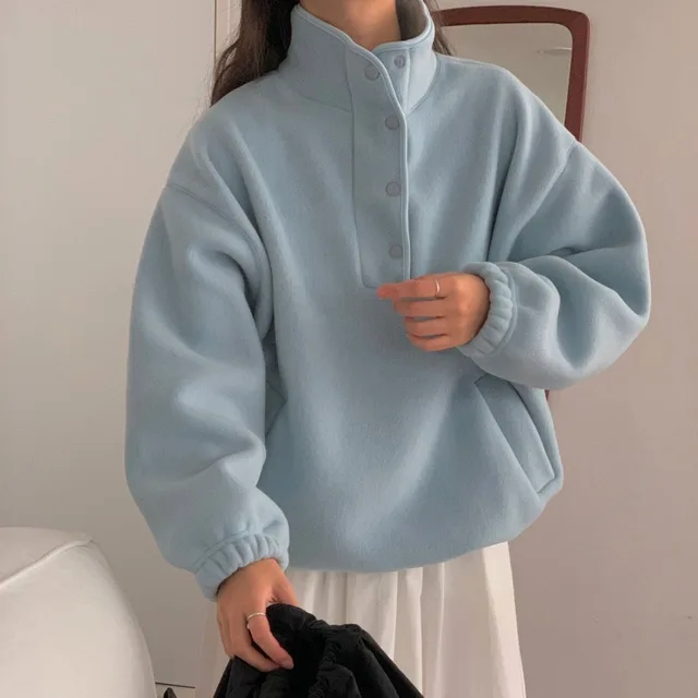 Stand Collar Fleece Loose Sweater Top Blue - Shop at LoveMi