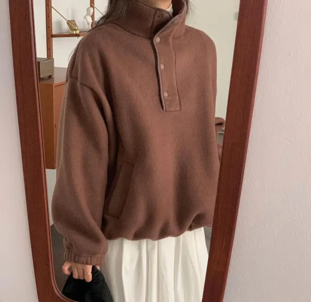 Stand Collar Fleece Loose Sweater Top Brown Coffee - Shop at LoveMi