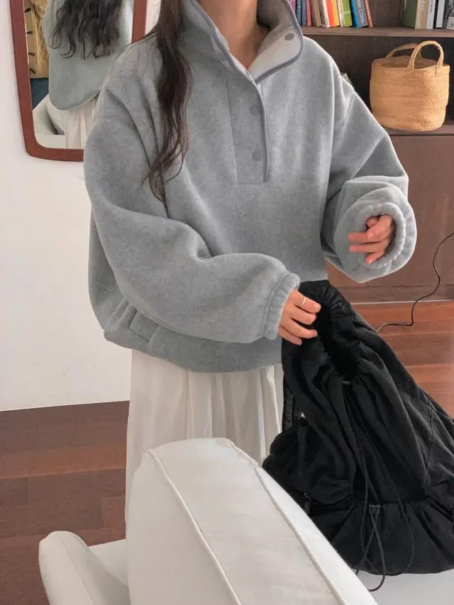 Stand Collar Fleece Loose Sweater Top Gray - Shop at LoveMi