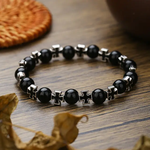 Cross Stretch Black Agate Opal Bracelet Zj12850 - Shop at LoveMi