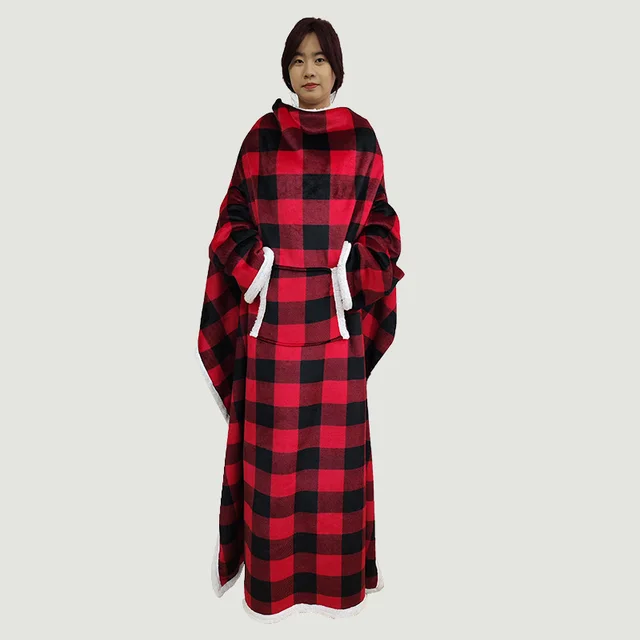 Solid Color Household Wearable Long sleeved Warm Blanket Red Plaid Lambswool Blanket - Shop at LoveMi