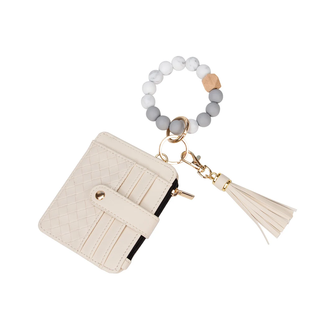 Leather PU Tassel Card Bag Silicone Bracelet Wrist Keychain Pendant - White