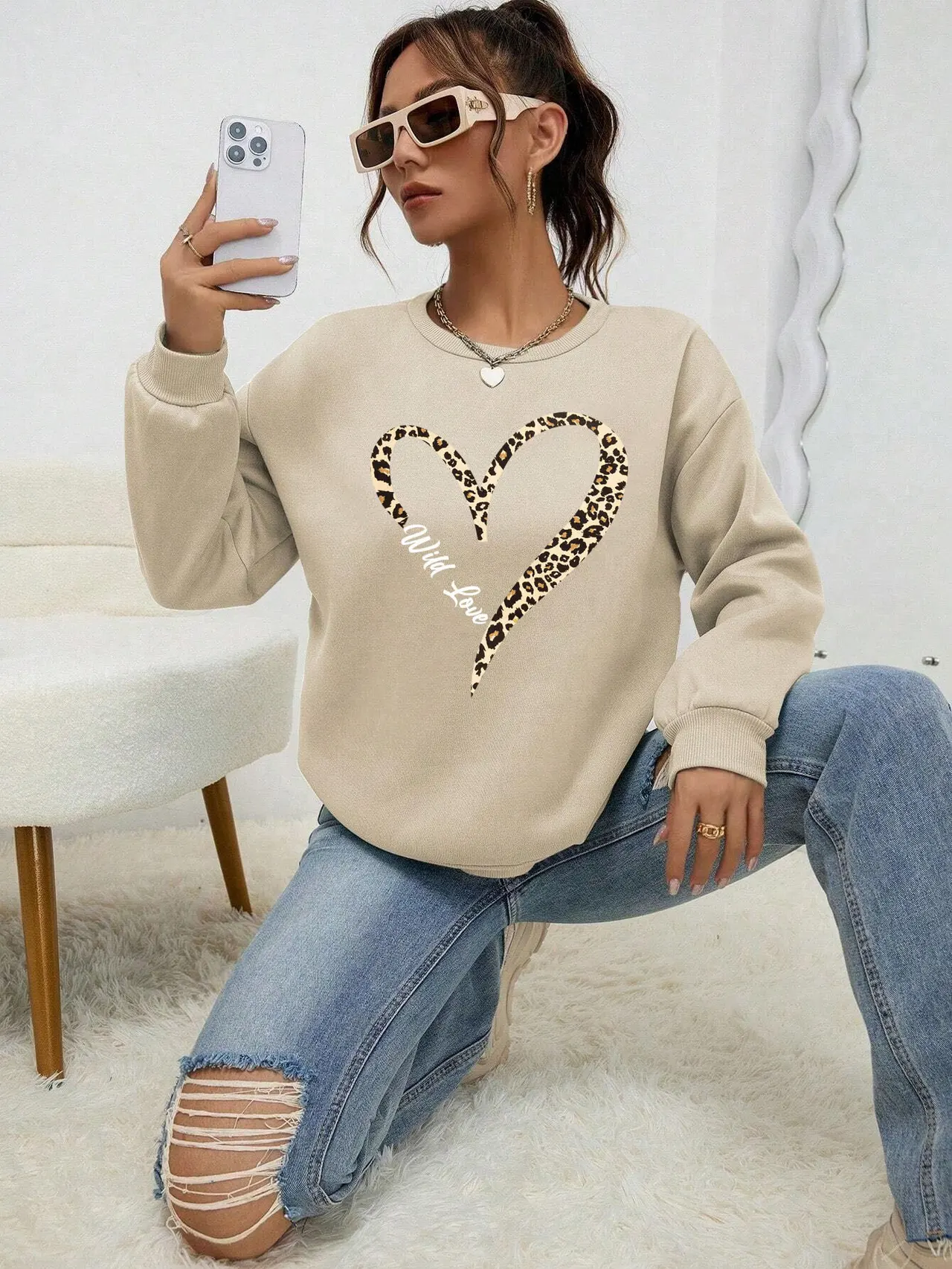 Leopard Wild Heart Pattern Print Female Sweatshirt Set Fur-L - Beige