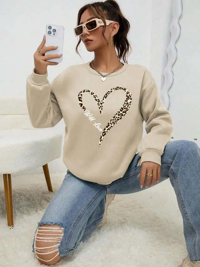 Leopard Wild Heart Pattern Print Female Sweatshirt Set Fur L Beige - Shop at LoveMi