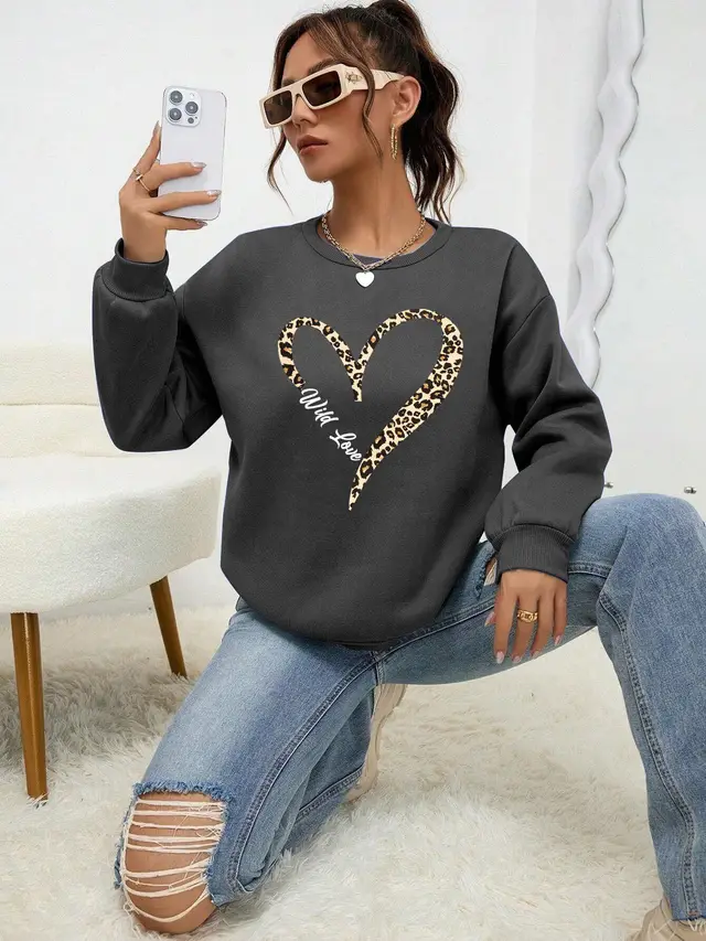 Leopard Wild Heart Pattern Print Female Sweatshirt Set Fur L Darkgray - Shop at LoveMi