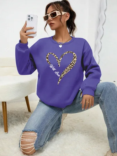 Leopard Wild Heart Pattern Print Female Sweatshirt Set Fur L Purple - Shop at LoveMi