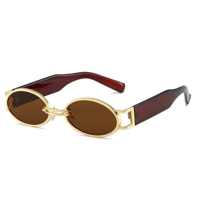 Metal Oval Vintage Sunglasses Street Shooting Holiday Golden Frame Tea Leg Tea - Shop at LoveMi