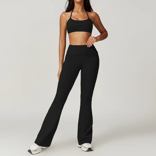 Quick drying Folding High Waist Casual Halter Tight Back Yoga Suit Bra Bell Bottom Pants Black - Shop at LoveMi