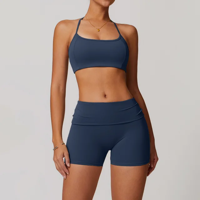 Quick drying Folding High Waist Casual Halter Tight Back Yoga Suit Bra Shorts Badge Blue - Shop at LoveMi