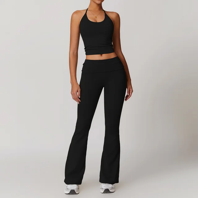 Quick drying Folding High Waist Casual Halter Tight Back Yoga Suit Tank Top Flared Pants Black - Shop at LoveMi