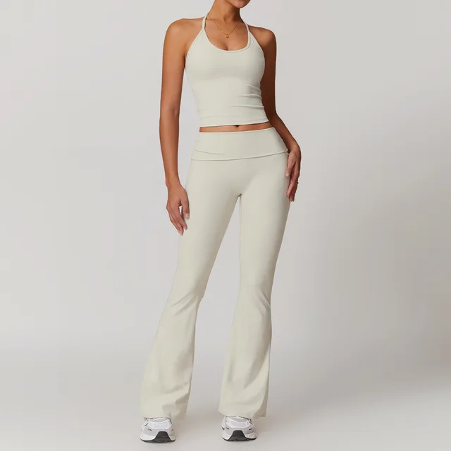 Quick drying Folding High Waist Casual Halter Tight Back Yoga Suit Tank Top Flared Pants Gray - Shop at LoveMi