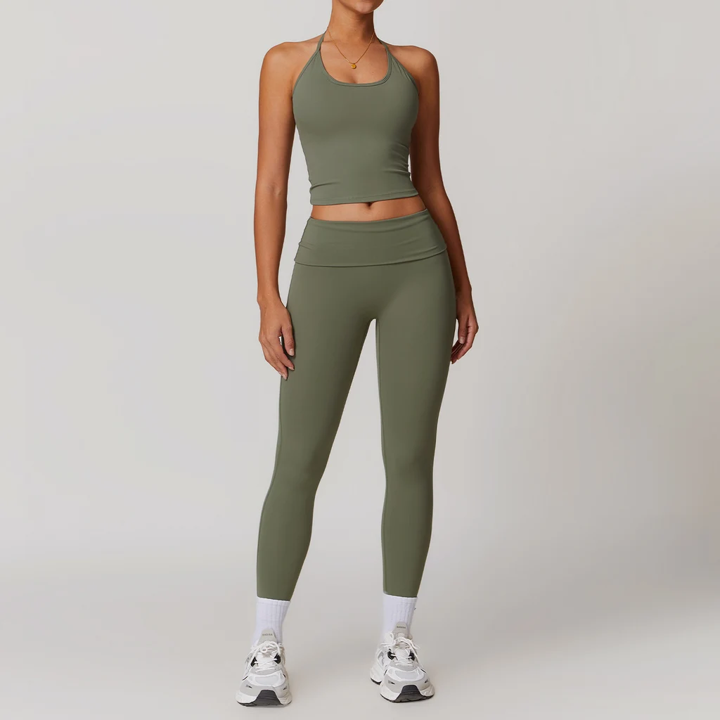 Quick-drying Folding High Waist Casual Halter Tight Back Yoga Suit - Vest Pants Light Army Green
