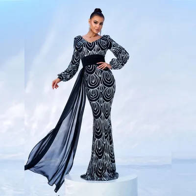 Long Sleeve Sexy Long Sequined V neck Banquet Ribbon Evening Dress Black - Shop at LoveMi