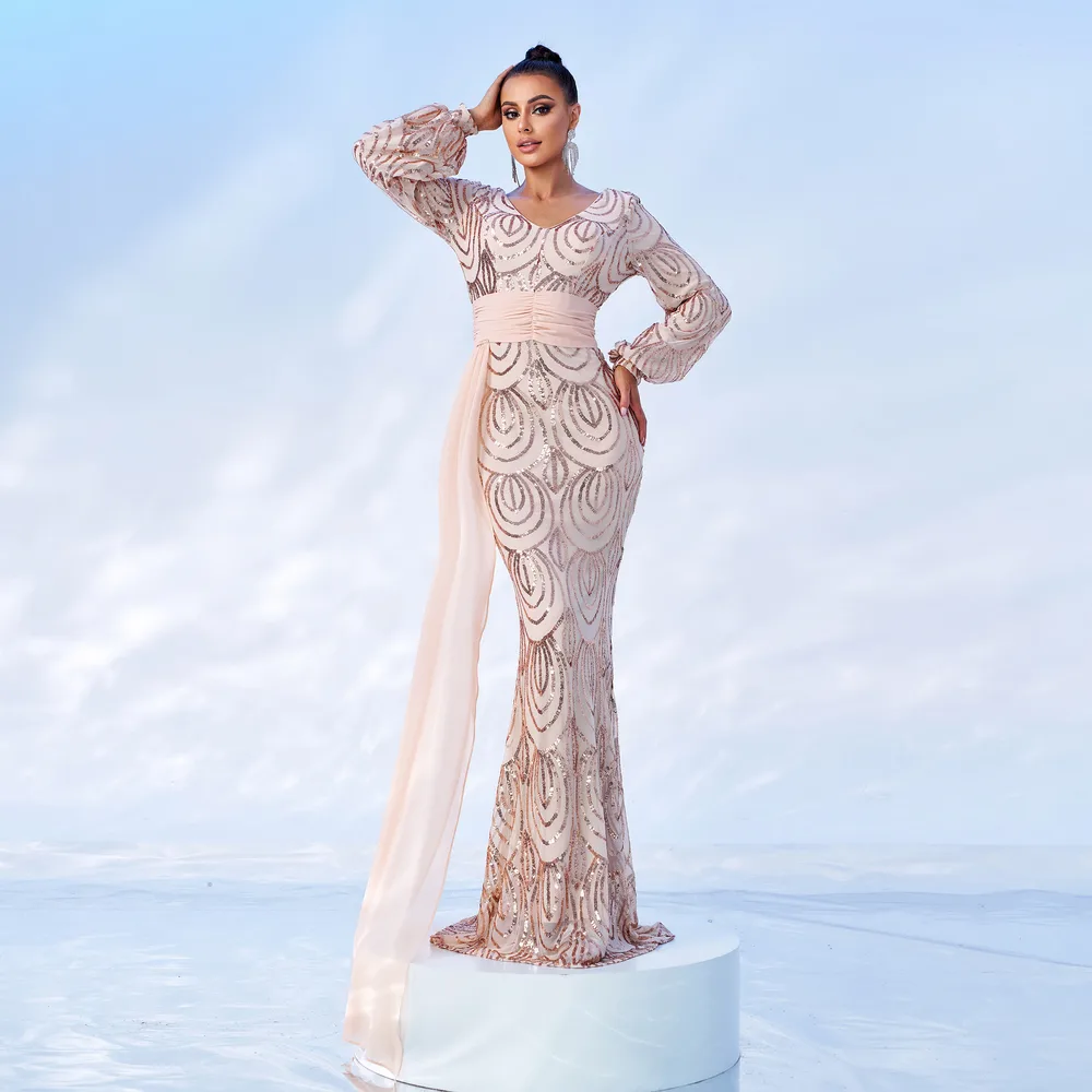 Long Sleeve Sexy Long Sequined V neck Banquet Ribbon Evening Dress Gold - Shop at LoveMi