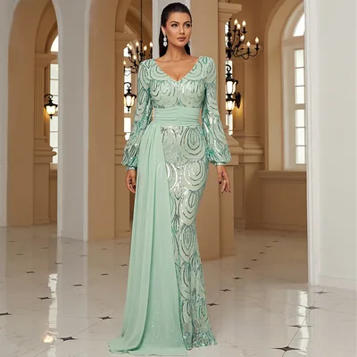 Long Sleeve Sexy Long Sequined V neck Banquet Ribbon Evening Dress Green - Shop at LoveMi