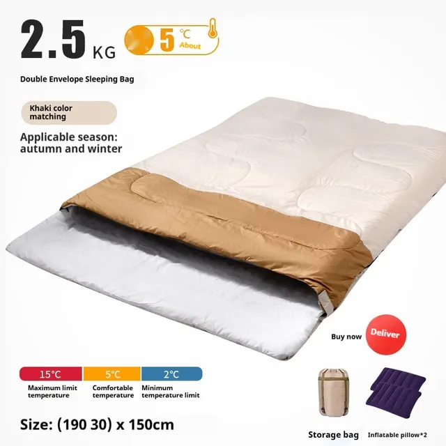 Double Sleeping Bag Adult Outdoor Camping Thickened Warm keeping And Cold proof Quilt Dual use 2.5Kg Khaki - Shop at LoveMi