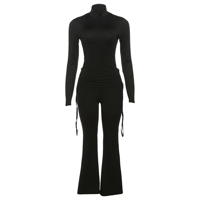 Casual Solid Color Turtleneck Drawstring Ruffle Slim Pants Suit Black - Shop at LoveMi